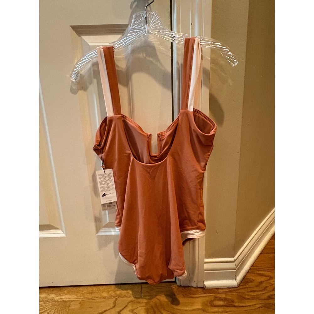 Calla Swim Collection One Piece Rust Orange Ribbed Sz 12 Neck Ruched Swimsuit - Picture 6 of 9